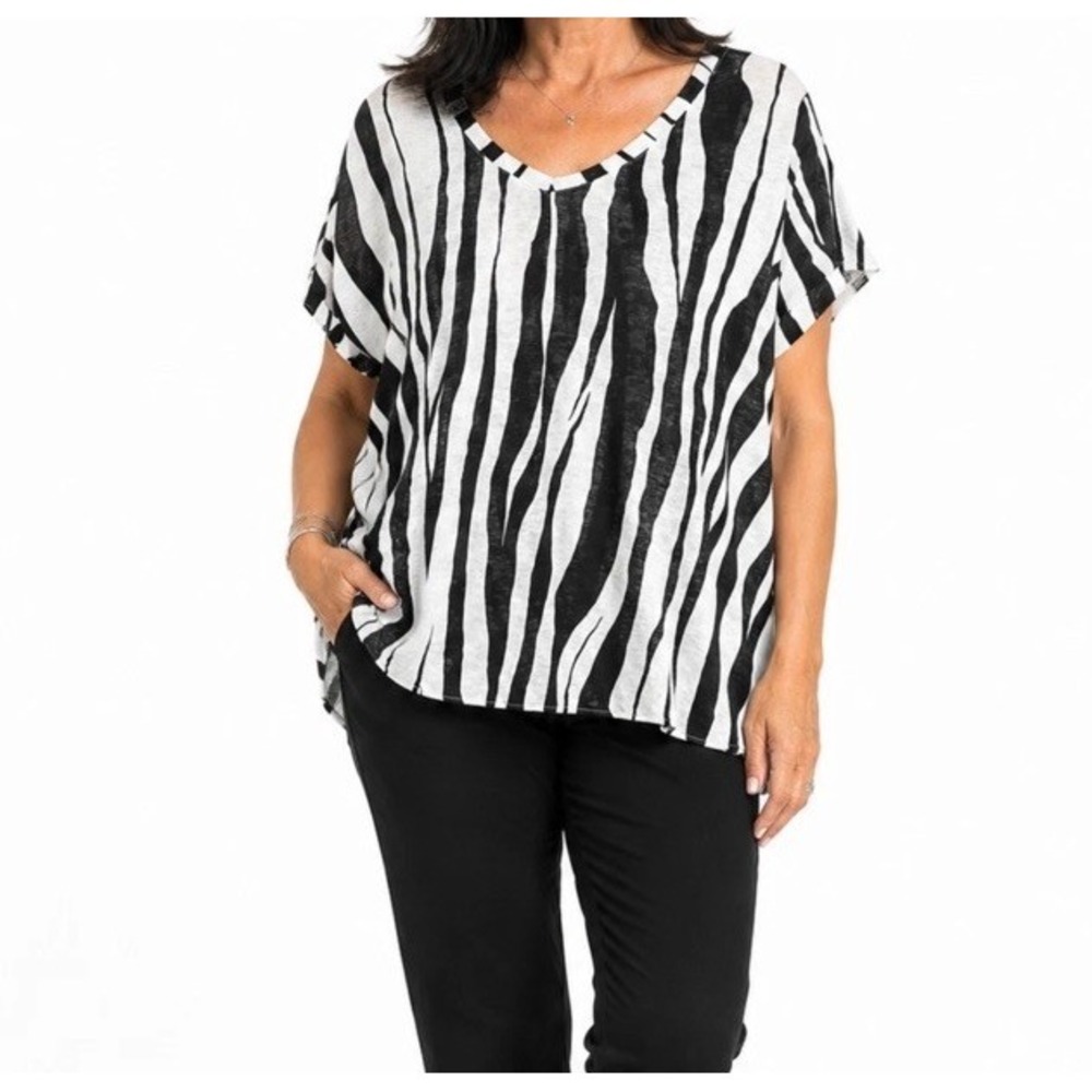 Rachel Zoe Womens 1X Linen Top Black White Zebra Stripe Short Sleeve Blouse Plus